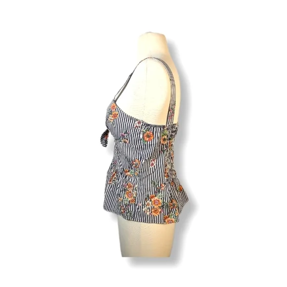 Iris Striped Tank Top Womens Fit & Flare Sleeveless Floral Bow Padded Low Cut-L - Picture 3 of 16